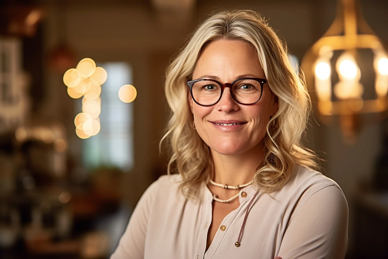 Shooting photo of a european and smiling blond woman aged of 40 year old, with glasses chain, in a beautiful house, no background blur