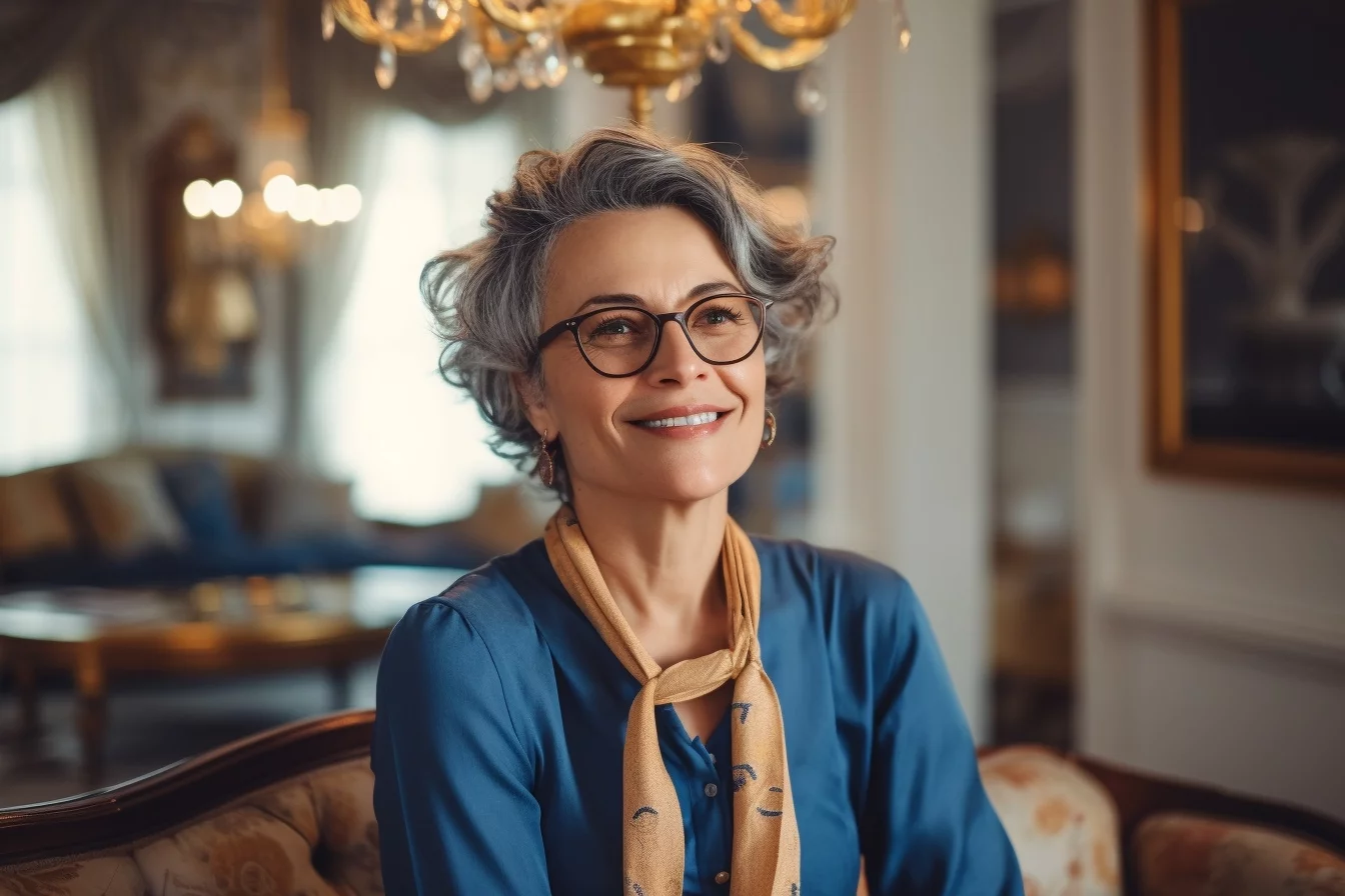 Shooting photo of a european and smiling woman aged of 60 year old, with blue glasses, in a beautiful house
